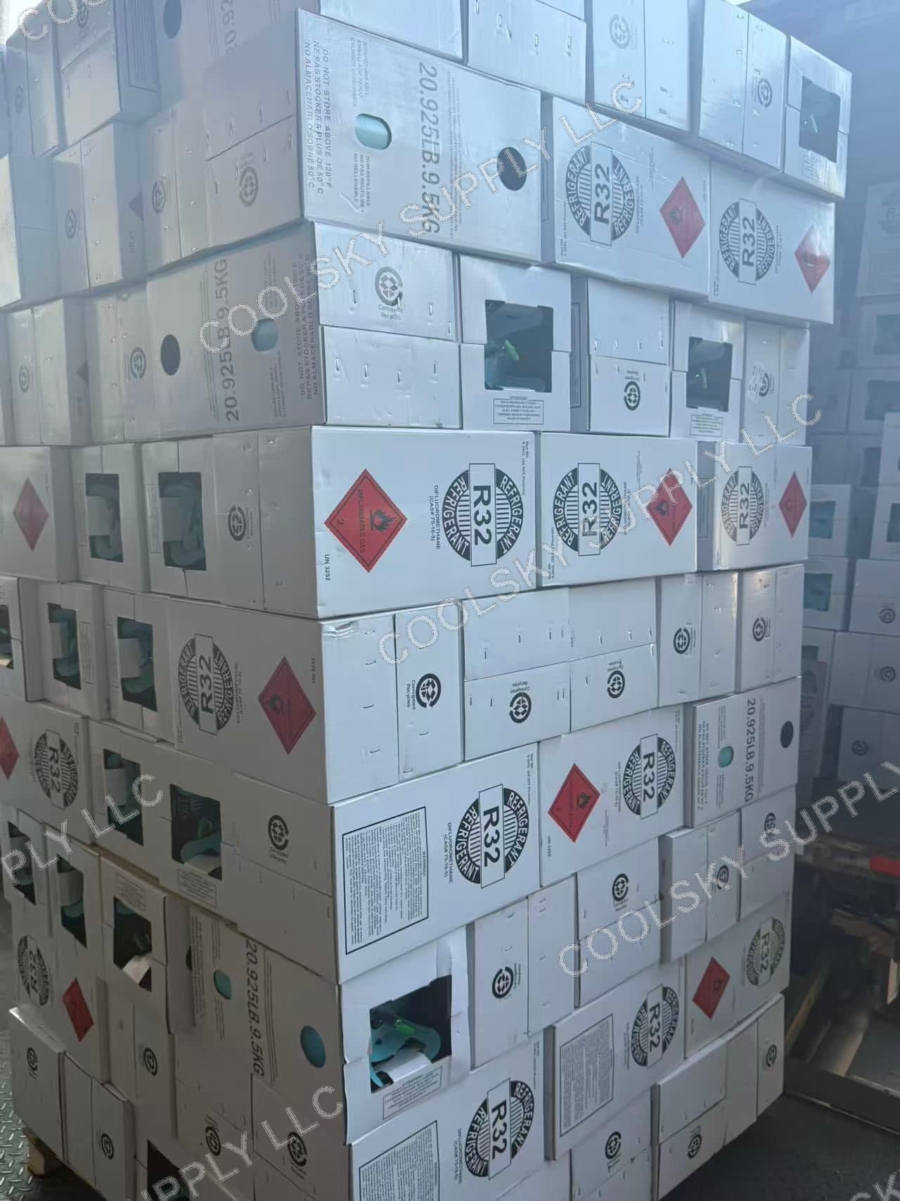 Pallets of refrigerant cylinders stacked in a warehouse